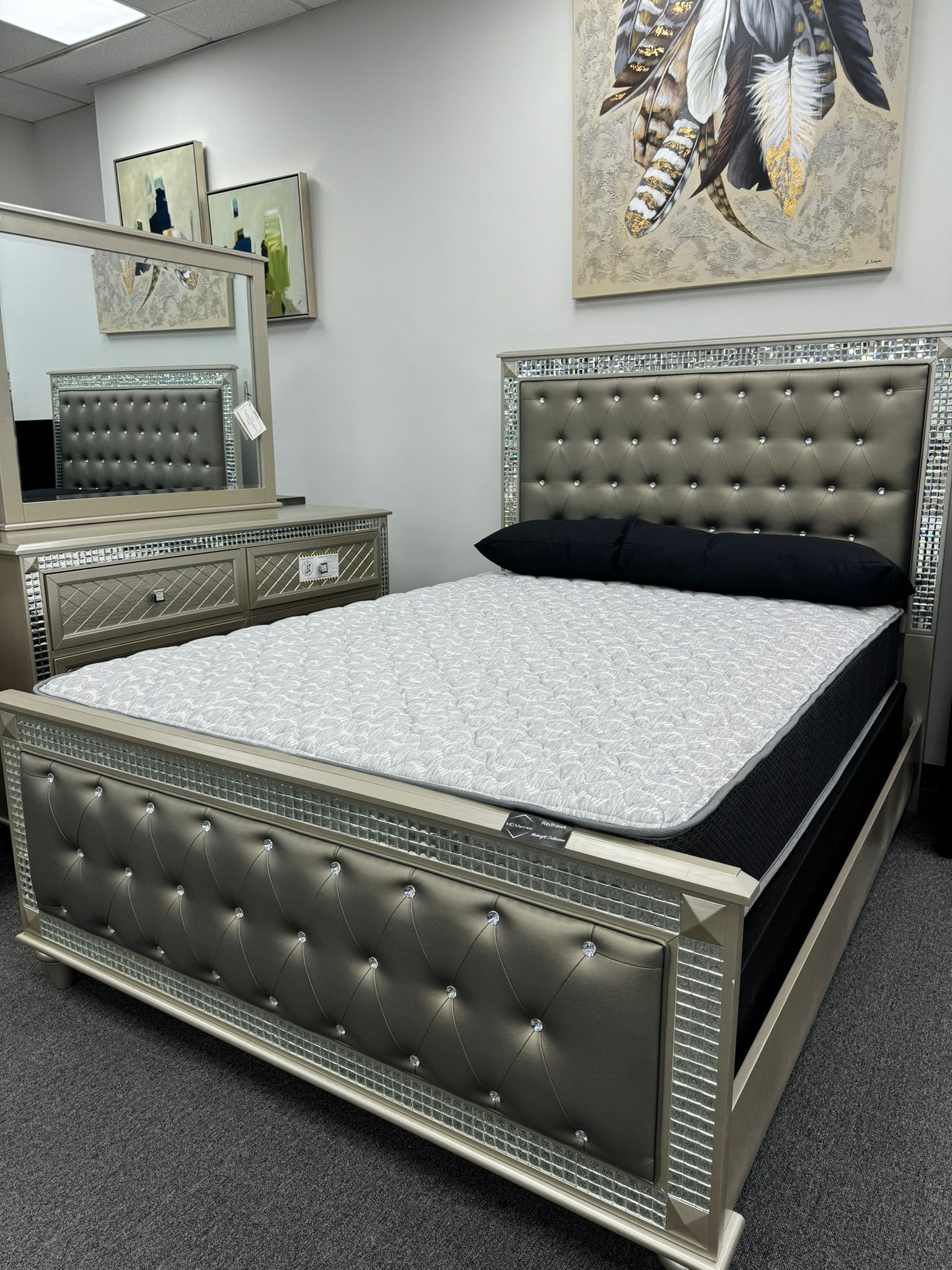 Champagne Finish Queen Bed with Mirror Trim and Acrylic Finish