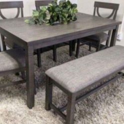 ✅️✅️(6 pc  Grey finish wood dining table set grey padded seat chairs and bench✅️✅️✅️