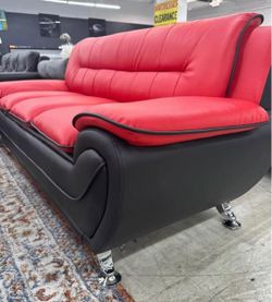 Red and Black Faux Leather Sofa