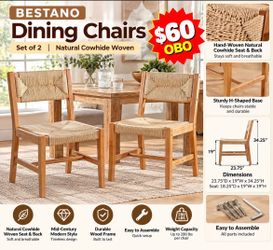 BESTANO Woven Dining Chairs – Set of 2 – Natural – New