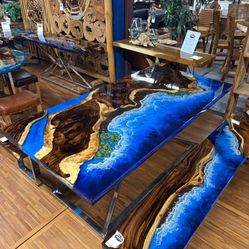 Ocean Resin & Monkey Pod Dining Table With Matching Benches