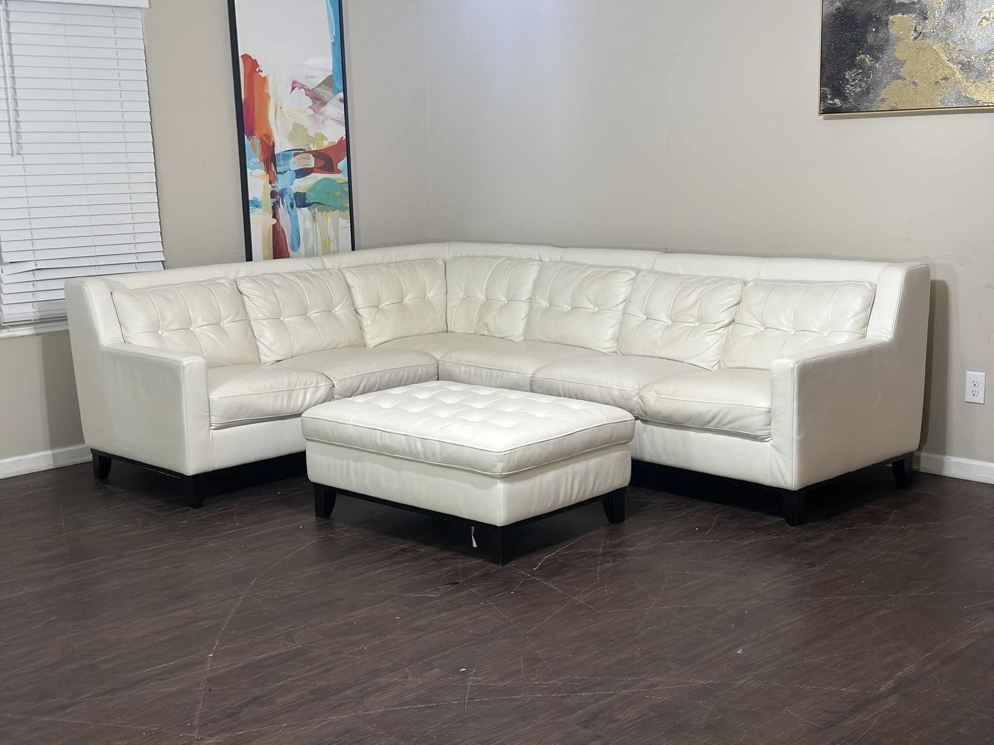 Real Leather Cream Tuffted sectional + Ottoman (Delivery!)