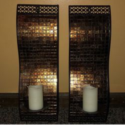 Glass Mosaic+Metal Wall Mount Decorative Candle Holder Wall Sconce, Large Size 18“ Decor (set of 2)