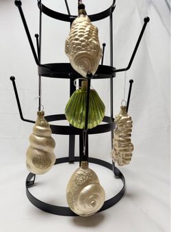 Set of 5 Blown Glass Seashell Christmas Ornaments Cream & Green Shells