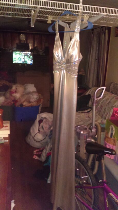 Silver formal dress size 2 with silver heels to match