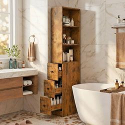 Rustic Tall Storage Cabinet Bathroom Kitchen Shelves Drawers