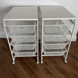 2-(two) Ikea ALGOT mesh drawers unit - metal frame and 4 metal basket with a bench top and wheels .