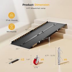 6 FT Portable Wheelchair Ramp-800LBS Heavy-Duty, High-Strength Aluminum Alloy with 4 Adjustable Legs, 4 Wheels, Triple Anti-Slip and Seamless Design, 