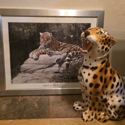 Framed & Signed Leopard Lithograph  and Leopard Statue