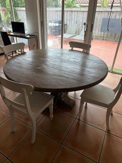 Dining Set - Round Reclaimed Wood Pedestal Table & 4 Chairs