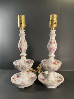 Antique Pink-Roses Porcelain Table Lamps (Height: 12-3/4”)
