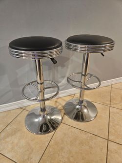 Vintage Chrome Metal Round Vinyl 30" Swivel Adjustable Stool Set of 2