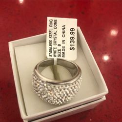 Stainless steel ladies ring with white crystal dome size 8