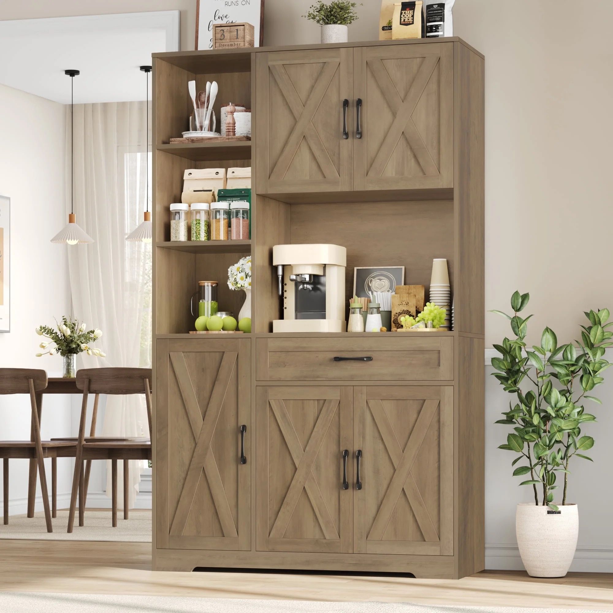 71" Farmhouse Kitchen Pantry Storage Cabinet, Freestanding Hutch with Doors, Shelves & Microwave Stand, Cupboard
