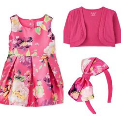 Girls Elegant Floral Magenta Pleated Dress, Cardigan, & Headband Set Size 6