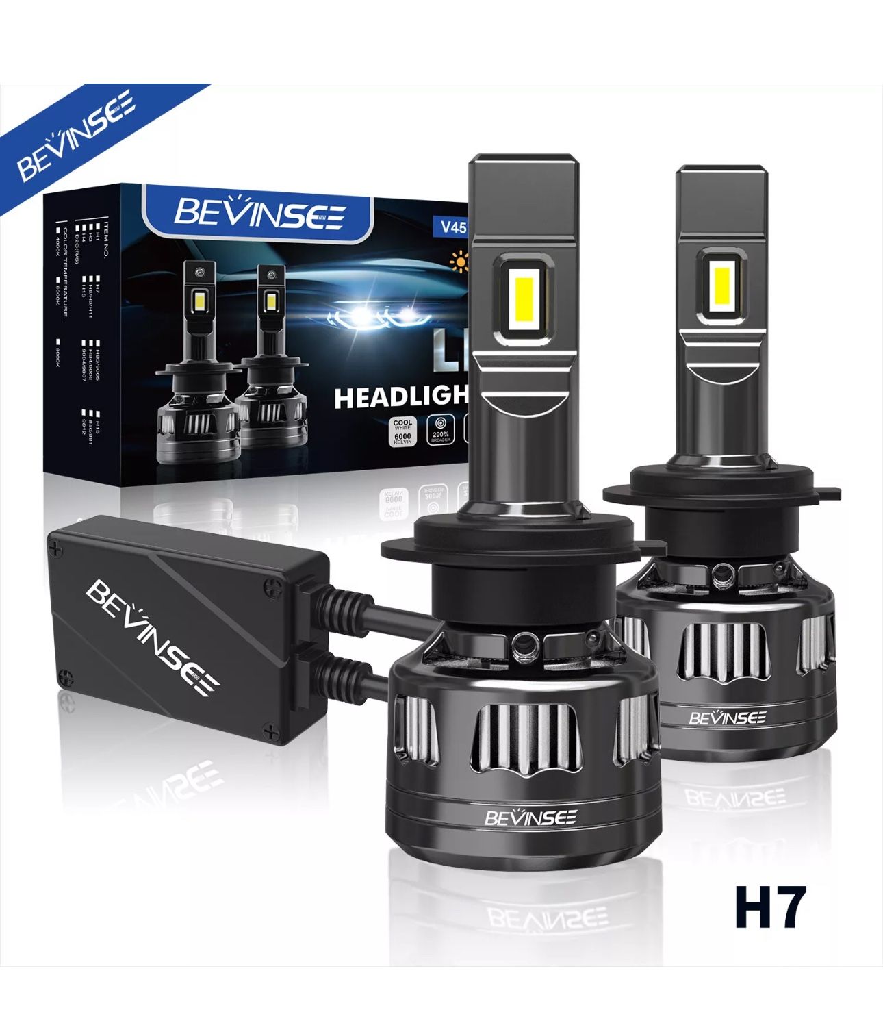 BEVINSEE H7 LED Headlight Bulb 120W 30000LM Super Bright Kit High Low Beam White