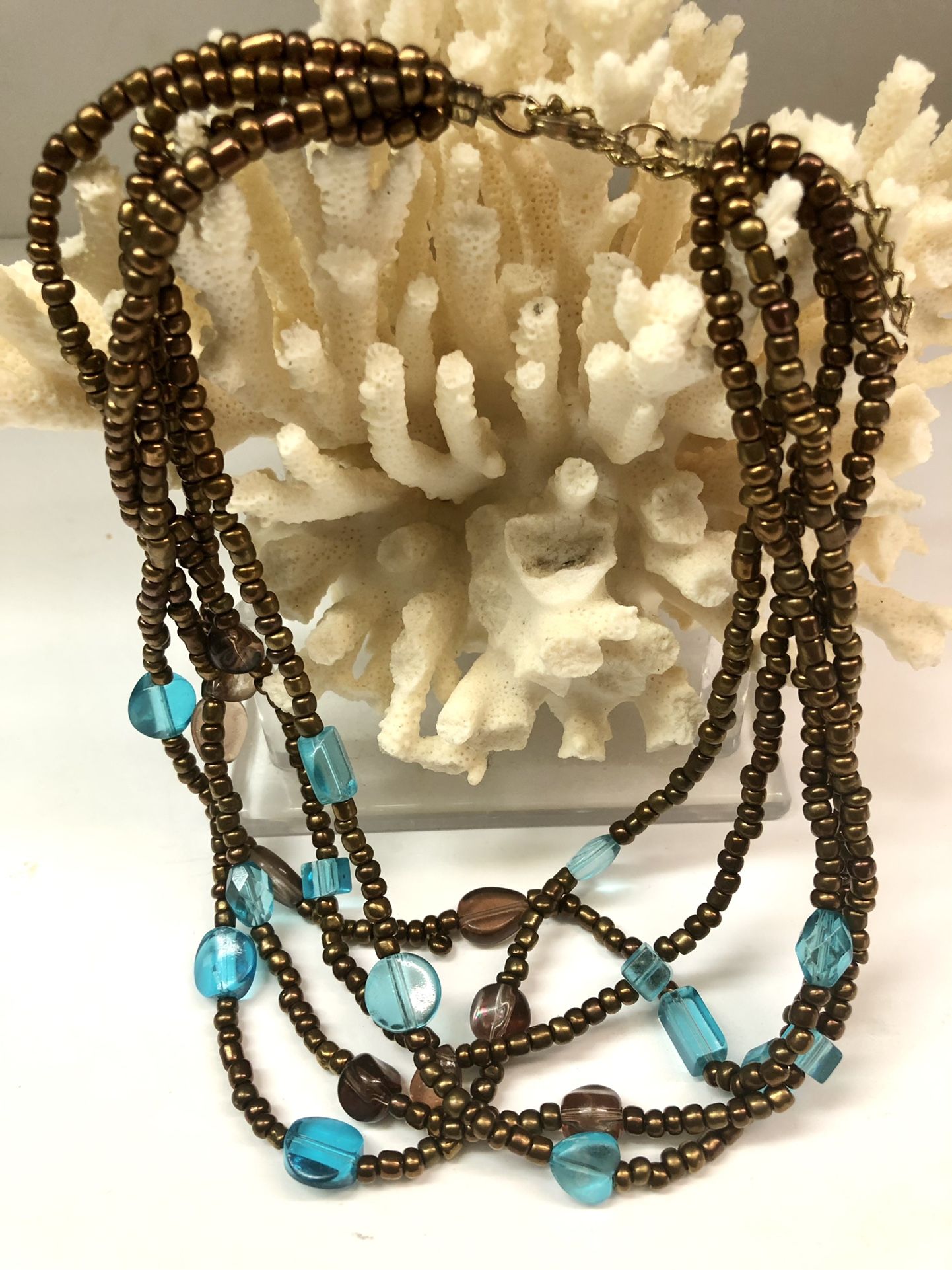 Teal Blue & Amber Glass Necklace 