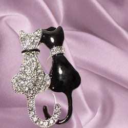 JJ Fantasia 2000s Black & Silver Rhinestone Cat Couple Brooch, NWT, 1.5x1.75”