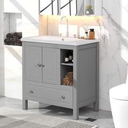 NEW Gray 30 in. W x 18.03 in. D x 32.13 in. H Single Sink Bath Vanity with White Ceramic Top
