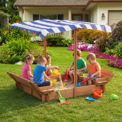 Kids Sandbox with Adjustable Cover, 46'' Wooden Sand Box with 2 Foldable Bench Seats, Outdoor Sandpit for Backyard Play 