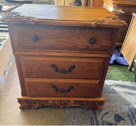 Vintage Oak Wood Nightstand with Carved Details. Solid