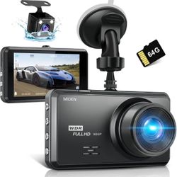 2.5K Dash Cam Front and Rear,64G SD Card,1600P+1080P FHD Dual Dash Camera for Cars,176°+160° Wide Angle,3.2'' IPS Screen Dashcam,G-Sensor,Loop Recordi