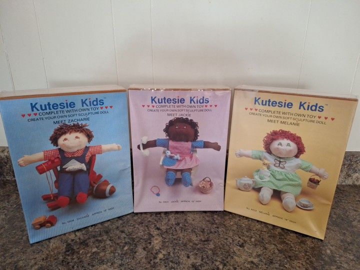 1984 Kutesie Kids - Jackie, Melanie, Zacharie Sculpture Doll Kits. NEW Vintage
