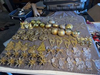 Lot of 62 Vintage Plastic Gold Christmas Ornaments Decorations Stars Hearts, Etc