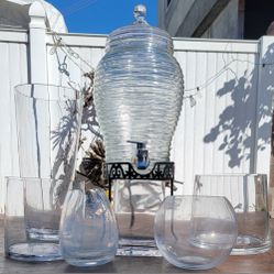  Glass Liquid Dispenser And  Glass Vases/bowl  Bundle