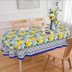 Oval Tablecloth 60 x 84 Inch, Summer Lemon Blue Oval Table Cloth, Washable Stain-Resistant Wrinkle-Free Oval Table Cover for Dining Party Banquet