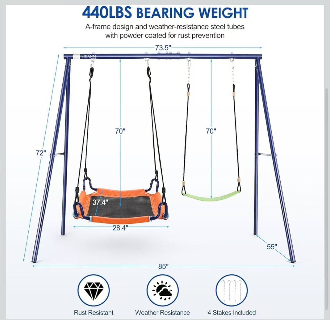 SIHANM Swing Sets for Backyard 2 Seat - Swingset Outdoor for Kids Holds 440 lbs Heavy Duty Metal Swing Frame Waterproof with Adjustable Saucer Swing B