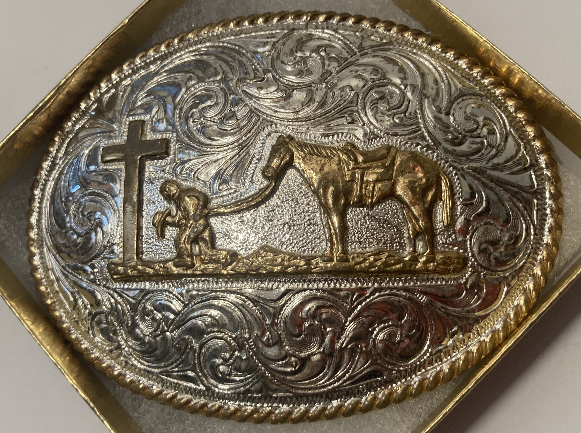 Vintage Belt Buckle Silver And Brass Cowboy Prayer
