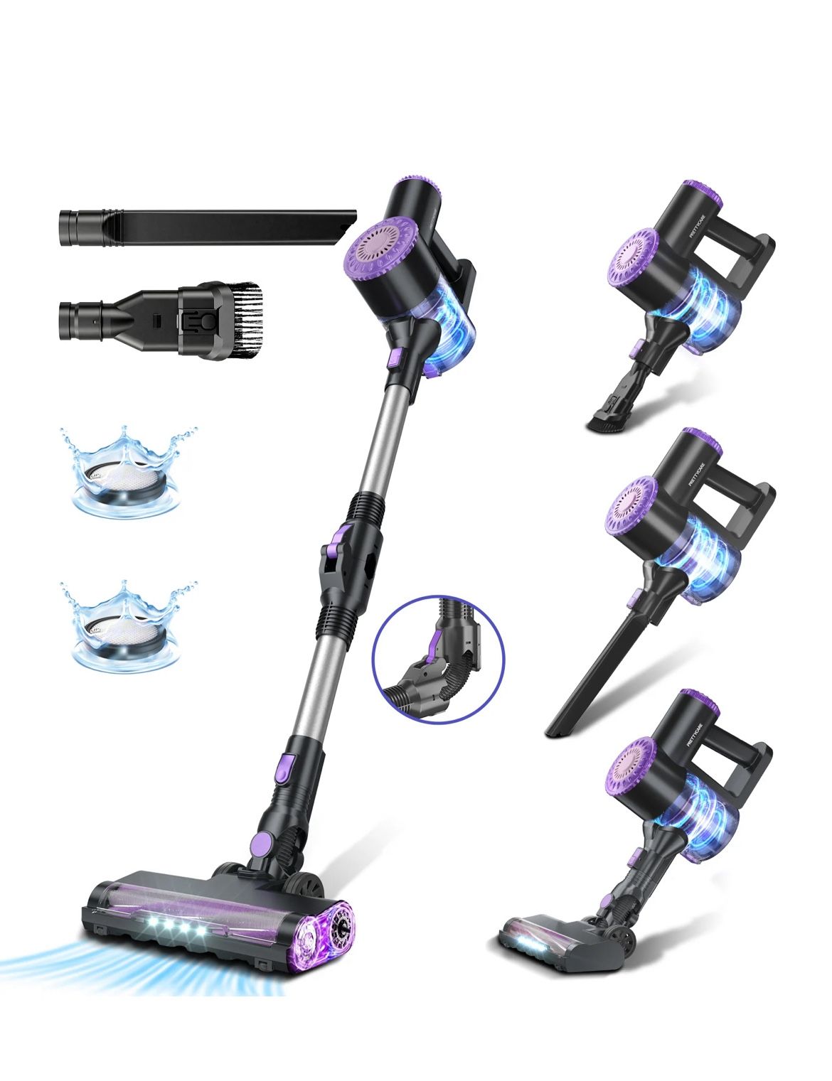 PrettyCare W400 Cordless Vacuum Cleaner 25Kpa 40 Mins Powerful Vacuum with Self-Standing 3 brush heads LED Headlight