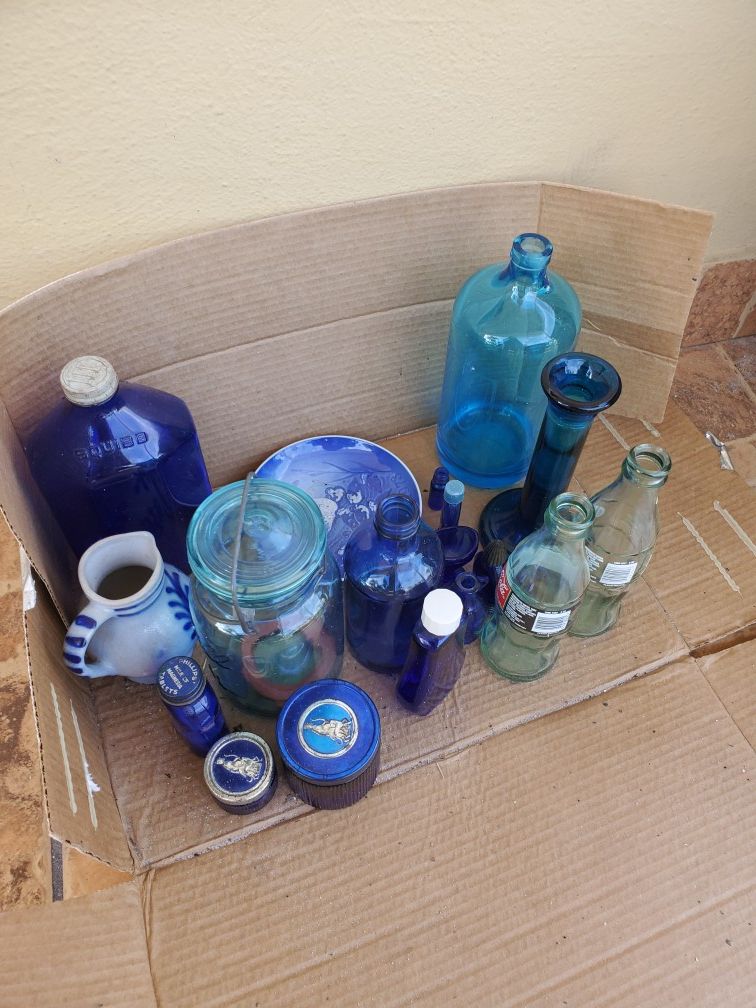 Lot of Vintage Blue Glass Bottle Squibb, Collectable Coke Bottles