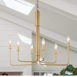 LALUZ Gold Chandelier, 6-Light Modern Farmhouse Dining Room Chandelier Over Table, 25'' Candlestick Pendant Chandeliers Hanging Light Fixture for Dini
