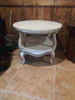 Pair Of 50s Victorian White Marble Top /Solid Wood Tables With Removable Solid Marble  Tops. Both Included See Pics