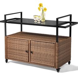 VINGLI Wicker Outdoor Bar Cart with Storage and Wheels, Outdoor Bar Table Serving Cart Rattan Bar Cart with Glass Top and Shelf for Pool, Party, Backy