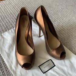 Gucci Size 40 Open Toe Bronze Heels Used With Dust Bag No Box