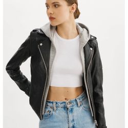 Lamarque ANNA LEATHER BIKER black JACKET Gray Hoodie lambskin ladies medium