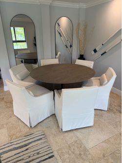Restoration Hardware Aero Dining Set with 6  Low Belgian Slipcover Chairs. Round circular dining table, chairs, RH