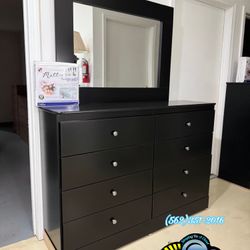 Black 8 Drawer Dresser w/ Metal Sliders & Mirror
