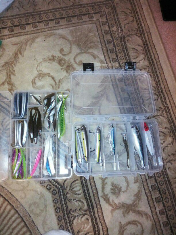 2 tackle boxes full of new baits with hooks assorted chasers and hook and bait weights