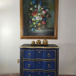 Hand-Painted Victorian Dresser: Rustic Blue & Gold Accent Desk