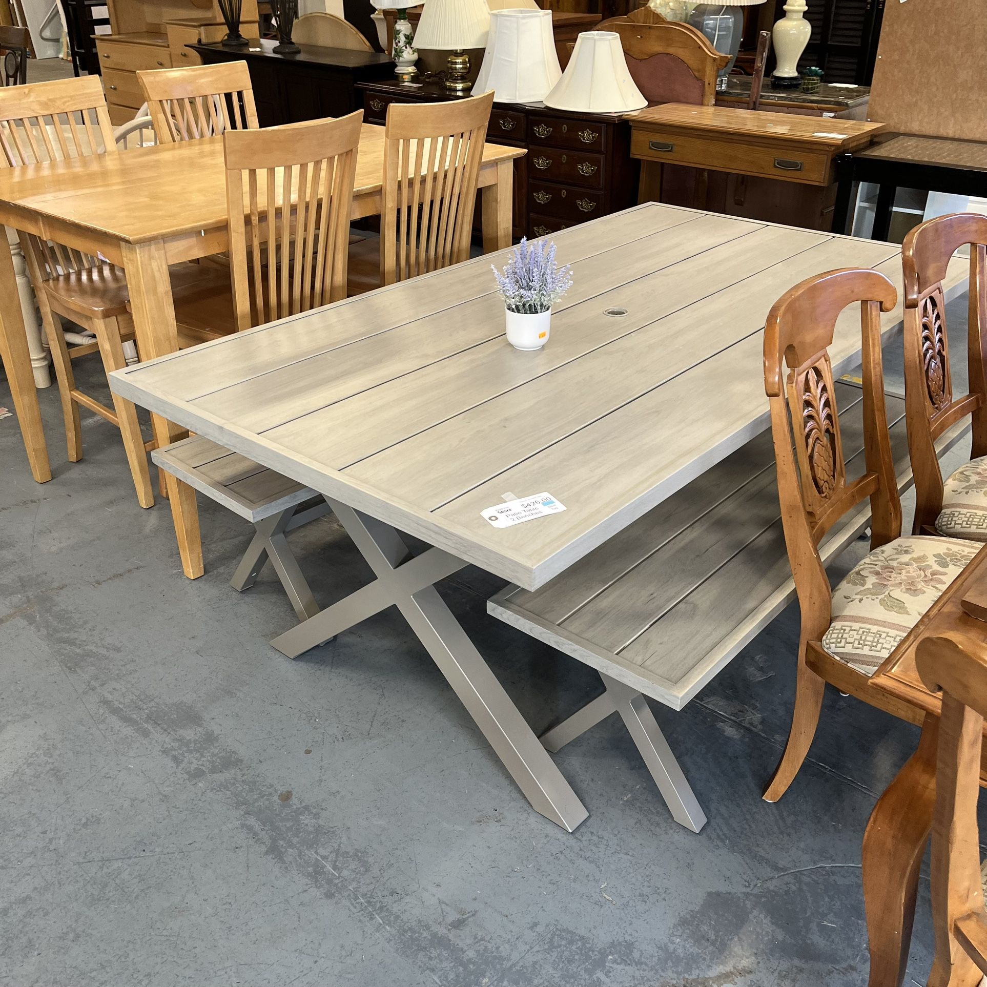 Grey Patio Table And Bench Dining Set (in Store)