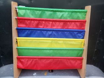 Kids Wooden Book Display w Colorful Fabric Slings 5 tier Children's Bookshelf (5 tier NOT 4)