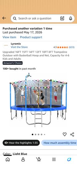 12ft Trampoline w/ basketball hoop, sprinkler, and led lights. (brand new in box)