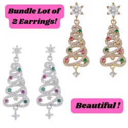 2 Pairs of Stunning Christmas Tree Earrings Silver & Gold Sparkling Holiday Gift