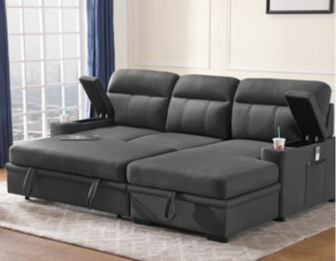 94"W Gray Fabric Sleeper Sectional Sofa Chaise with Storage Arms and Cupholder
