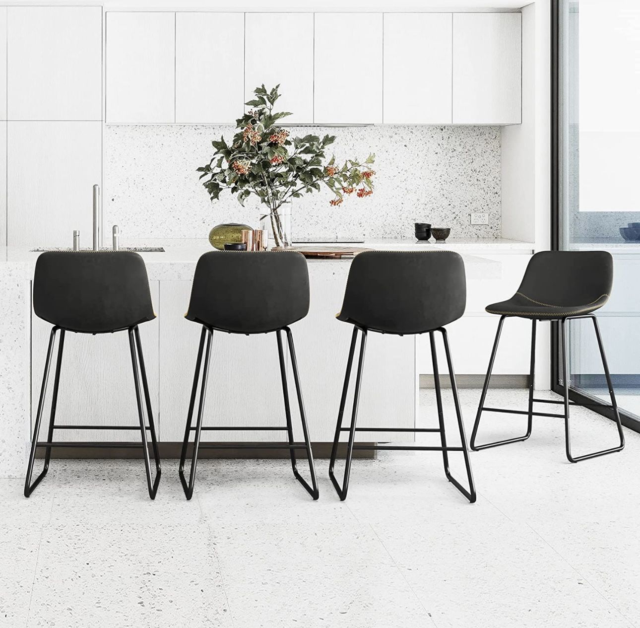 Indoor/Outdoor Black Industrial Faux Leather Bar Stools Set of 4
