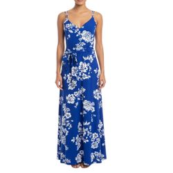 Rebecca B. Blue Floral Maxi Dress – Criss Cross Back & Tie Waist – Size 10 
